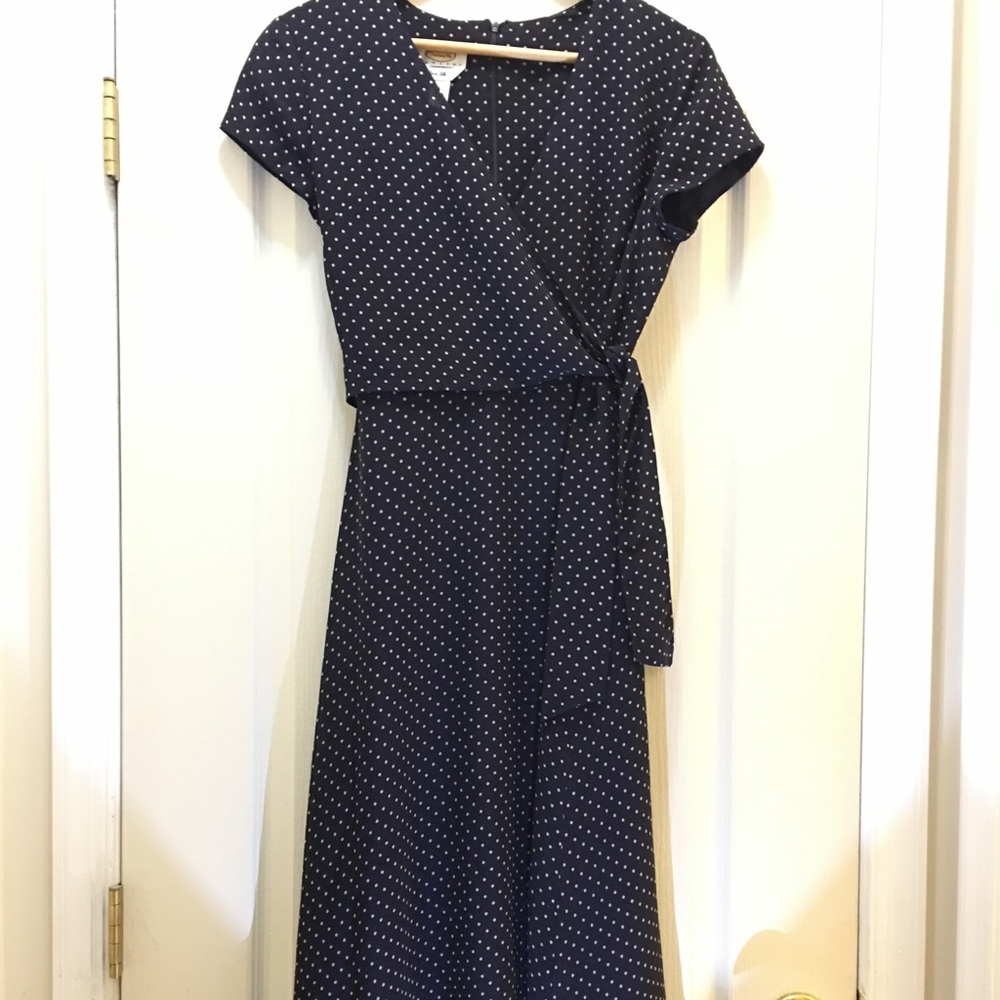 Talbots Navy Blue Polka Dot Midi Wrap Dress